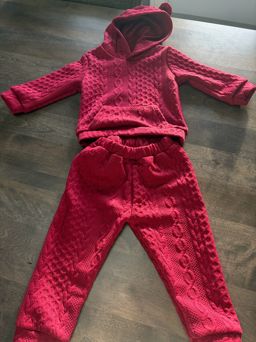 Kids Cozy Cable-Knit Hoodie & Jogger Set - Red